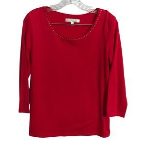 Ellen Tracy Top Blouse Medium Womens Three Quarter Sleeve Red Gold Stud Detail M